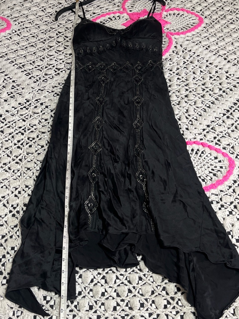 Y2k 100% silk Sue Wong Black Beaded Asymmetrical Slip Dress - Picture 8 of 8